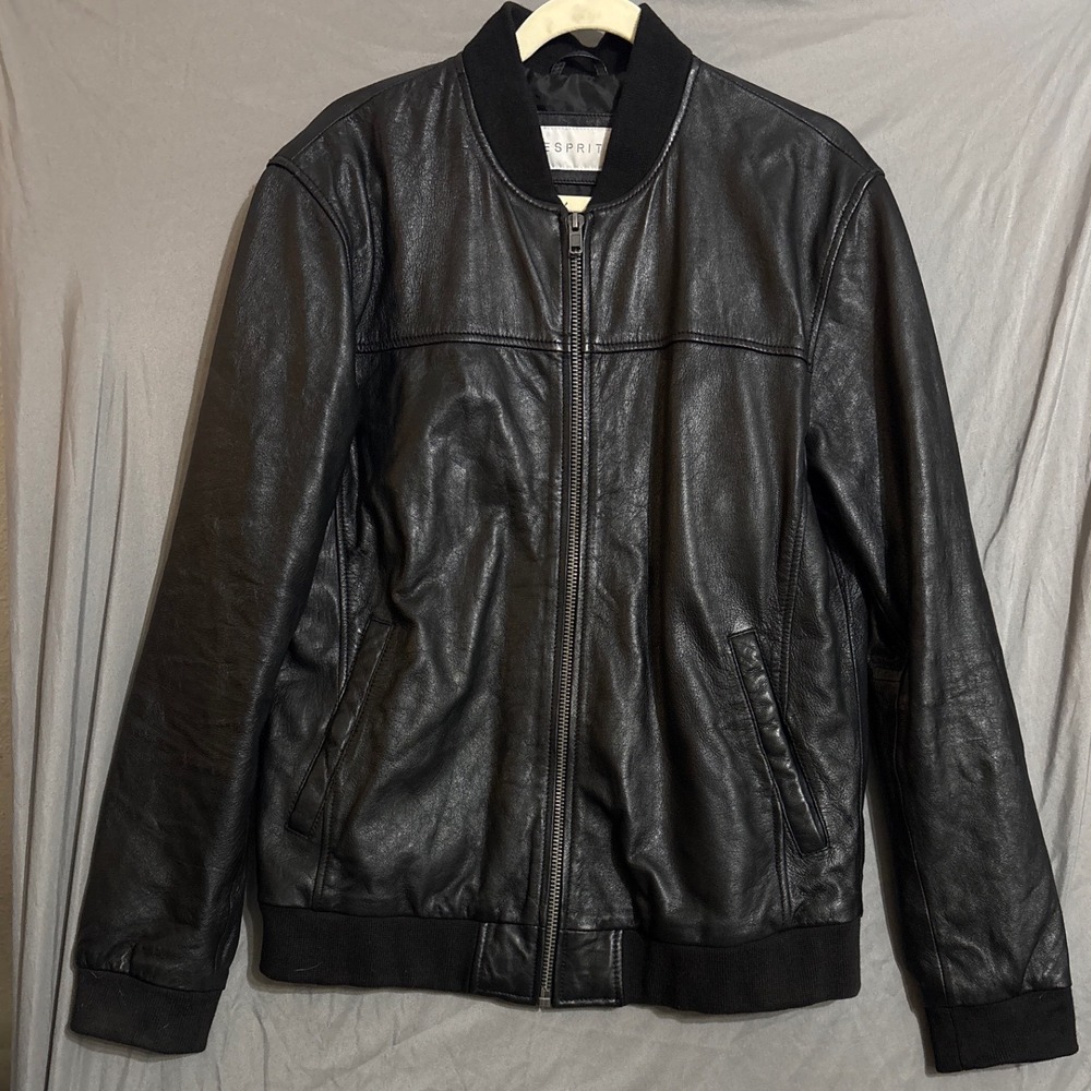 Esprit Mens Black Sheep Leather Bomber Jacket Full Zip Ribbed Trim Size L